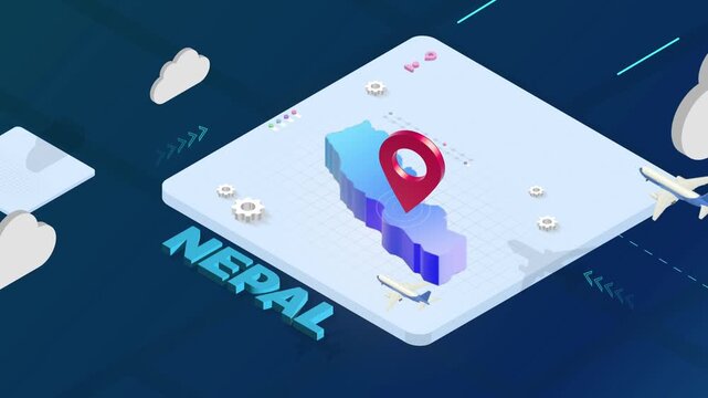 Isometric 3D Render of Nepal Map with Red Location Pin Pointer and Floating Airplanes