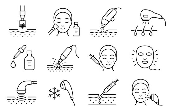 Aesthetic Treatment Line Art Icon Set with Microneedling, Laser and Skincare Procedure Symbols