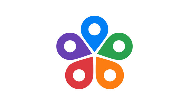 Colorful map pin flower logo for community navigation.