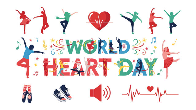 Heart Healthy Celebration: A vibrant illustration dedicated to World Heart Day, featuring dancing figures, musical notes, and health symbols like a heartbeat and heart.