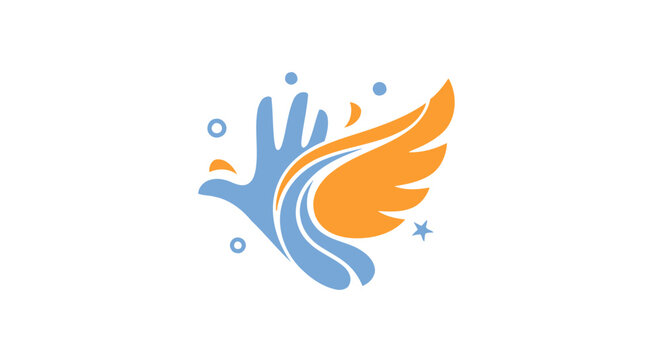 Creative hand dove bird logo with orange wing.