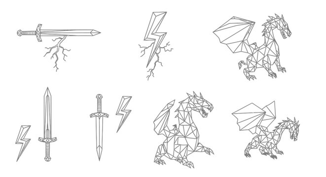 Fantasy Icons: Sword, Dragon, Lightning Bolt - Vector Outline Art