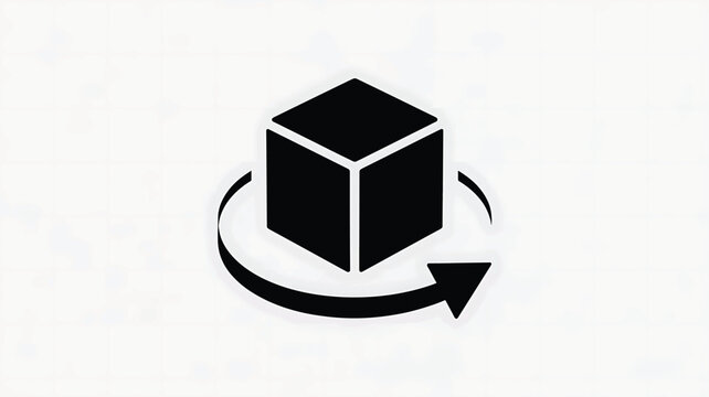 A minimalist black and white icon design of a cube rotating with an arrow