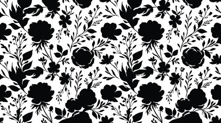 Black seamless floral pattern with ornate flowers, leaves, petals and branches - decorative vector wallpaper textile texture design illustration © MOSTHANUFA