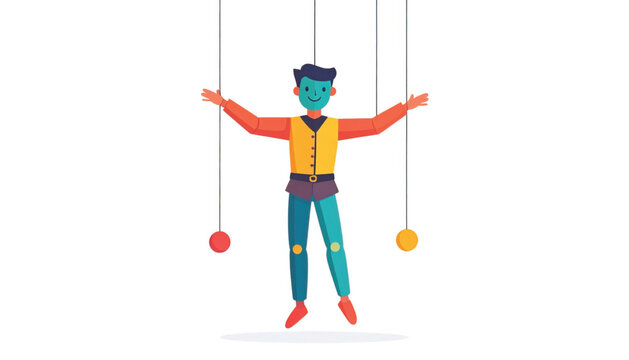 Colorful puppet on strings dancing freely.