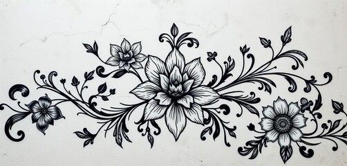 Fototapeta premium Intricate black ink floral design on textured wall, art, wall