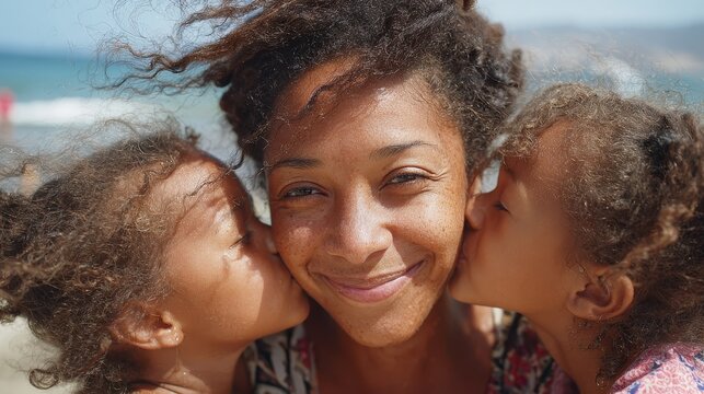Candid beach scene: mom&acirc;&euro;&trade;s face in focus as twins kiss her, seaside joy
