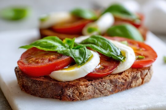 Caprese open-faced sourdough sandwich with tomato, mozzarella, and basil on a white cutting board &acirc;&euro;&rdquo; close-up photograph