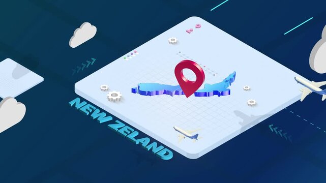 Isometric 3D Render of New Zeland Map with Red Location Pin Pointer and Floating Airplanes