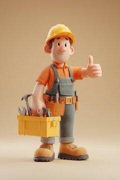 Cartoon-Style Handyman Character Holding Toolbox, Smiling