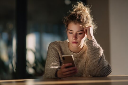 Casual portrait of a worried woman reading messages on her phone with tense expression