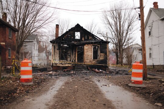 Charred residential exterior with collapsed roof and smoky debris at dusk
