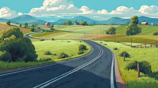 Cheerful cartoon highway winding through rolling countryside under a bright blue sky