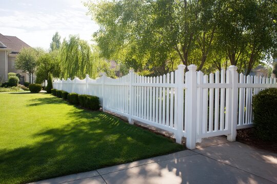 Charming white fence enclosing a lush green lawn in a peaceful family-friendly yard