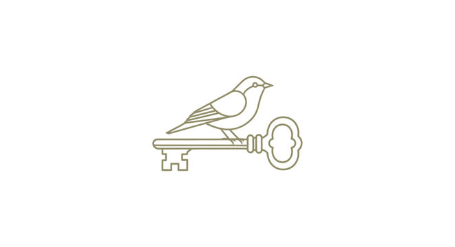 Delicate line art logo of a bird on an antique key.