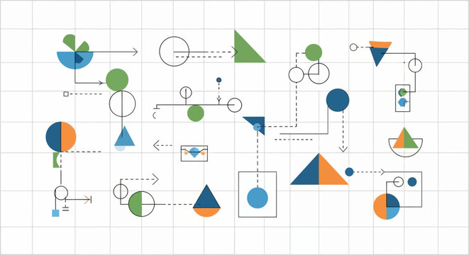 Creative geometric flowchart with colorful shapes and arrows on grid