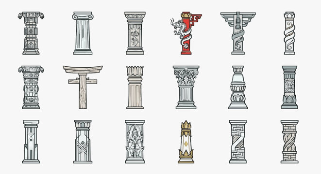 Clean Black and White Line Art Collection of Various Architectural Columns and Symbolic Pillars with Detailed Designs