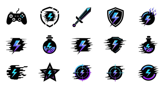 Gaming Icons: Controller, Sword, Shield, Potion, Star, Target, Lightning Bolt