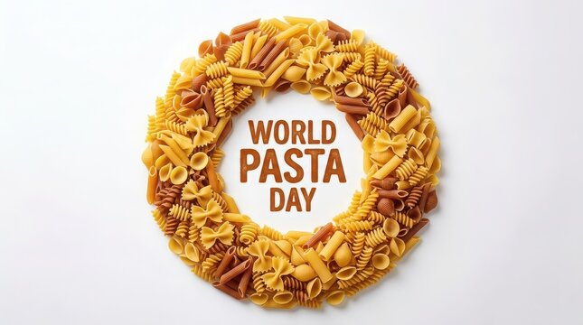 World pasta day celebration with a wreath of various pasta shapes on white background