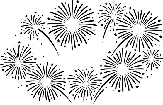 Fireworks silhouette pattern on a white background featuring radiating bursts and scattered star shaped sparkles burst celebration commemoration commemorative congratulations decoration design