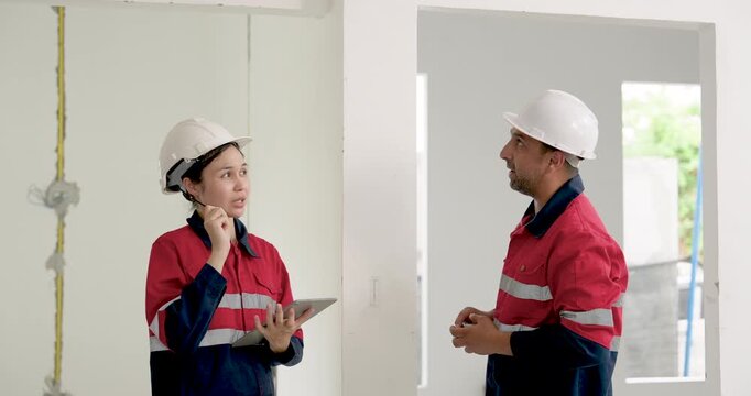 Asian female engineer takes notes while male supervisor points at unfinished wall, discussing construction site safety inspection, building progress report, work direction, quality control indoors.