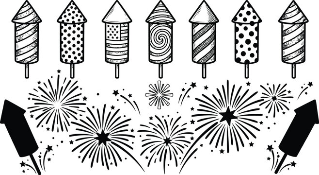 Fireworks and rockets a black and white vector illustration depicting celebratory pyrotechnics and explosive bursts firecracker rocket pyrotechnic celebration festivity holiday new