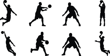 Set of basketball player black silhouettes isolated on white background showing various action poses © Md Ohidul