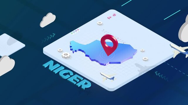 Isometric 3D Render of Niger Map with Red Location Pin Pointer and Floating Airplanes