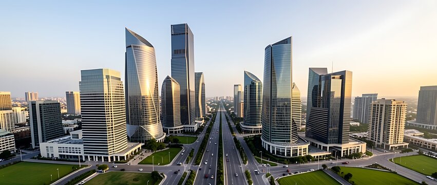 Futuristic city skyline with tall skyscrapers and elevated highways at sunset.