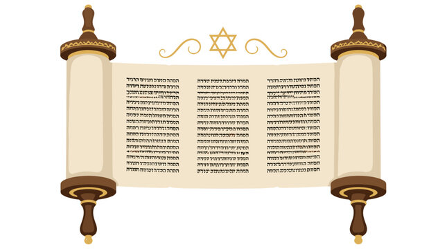 Scroll of Torah with Star of David: An ancient scroll of the Torah, intricately written and adorned with a Star of David, represents profound religious and cultural heritage.