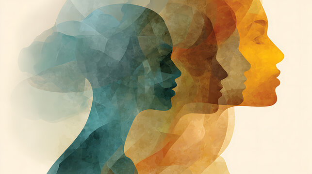 Abstract layered human profiles symbolizing mental health, identity, emotions and self awareness, illustrating psychological complexity, personal growth, resilience and emotional balance