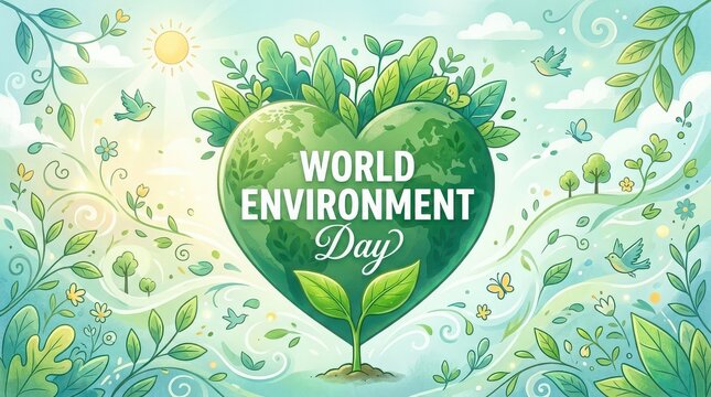 Vibrant illustration for world environment day with green heart and leafy elements isolated on white background