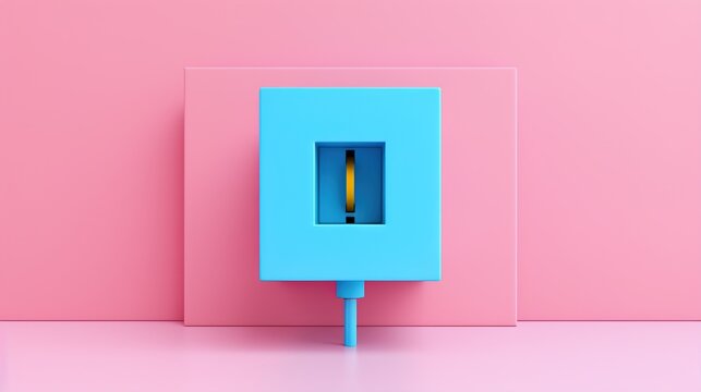 Electric plug in bright blue socket on minimalist pink wall background