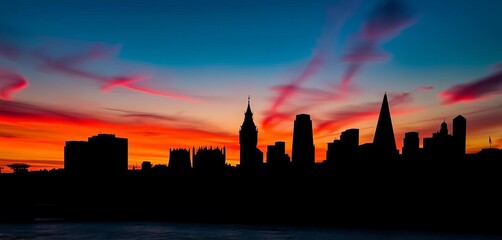 Obraz premium Iconic London skyline silhouette at sunset, dark against vibrant sky, houses of parliament, england