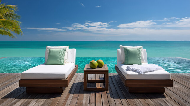 Luxury resort deck with two wooden sunbeds next to a private infinity swimming pool overlooking a beautiful tropical turquoise sea and blue sky.
