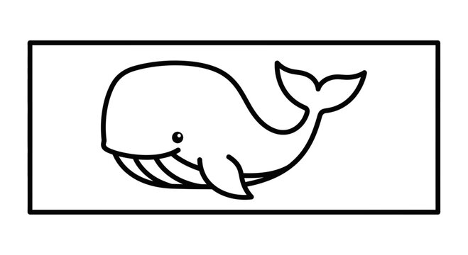 Cute cartoon whale illustration, simple line art, isolated on white background, ocean life