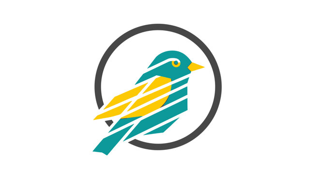 Geometric colorful bird icon inside a circular frame.