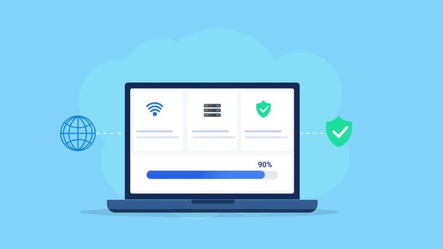 Animated flat vector illustration of a laptop displaying a cloud network monitoring dashboard with internet connectivity, cloud services, and verification icons. Modern cloud infrastructure and networ