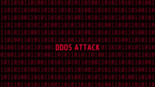 Loop animation with red binary code and DDOS attack warning text. Abstract cyber security concept for network threats, hacking, system attacks, and digital danger visuals.