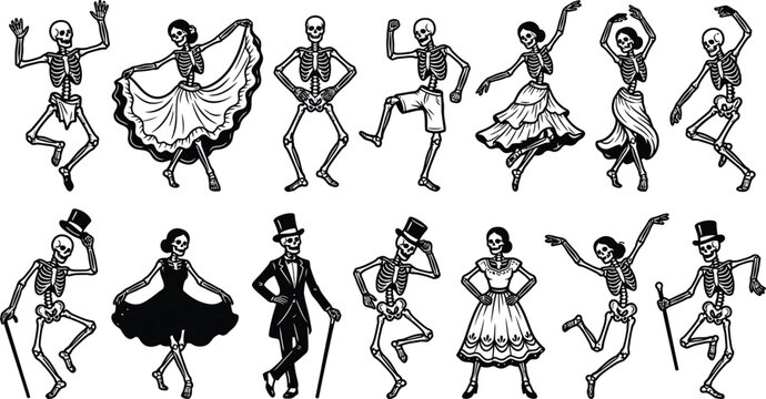 Dancing skeletons in various poses and costumes