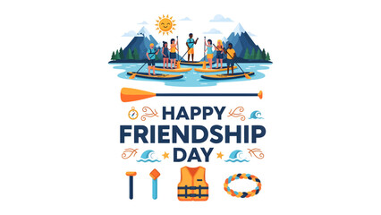 Naklejka premium Paddleboard Friendship Day Celebration: A vibrant illustration captures the spirit of friendship and outdoor adventure on a sunny day. Friends paddleboard together on a serene lake.