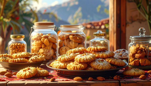 Assorted Cookies and Snack Jars on Sunny Table with Mountain View