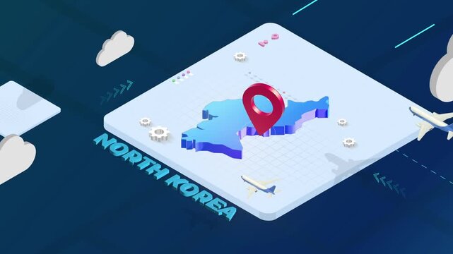 Isometric 3D Render of North Korea Map with Red Location Pin Pointer and Floating Airplanes