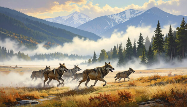Pack of Wolves Running Through Misty Mountain Meadow at Dawn