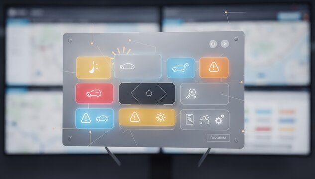Medium shot of a digital alert panel featuring warnings for configuration deviations set against an outoffocus fleet monitoring dashboard.