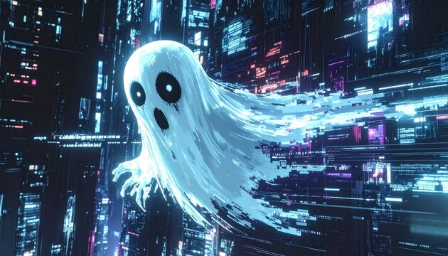 Ghostly figure in futuristic cityscape at night.