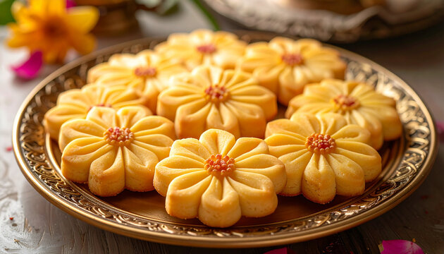 Golden Flower Shaped Butter Cookies on Ornate Festive Plate