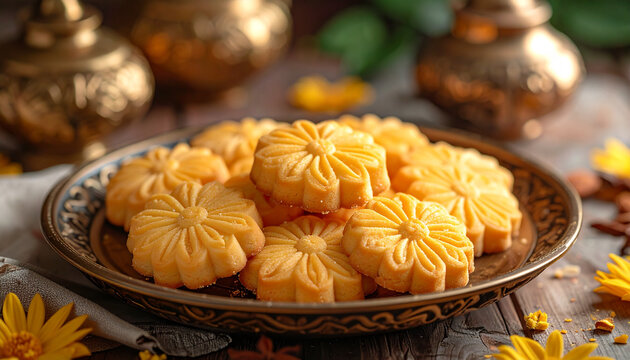 Flower Shaped Butter Cookies on Decorative Plate for Festive Season