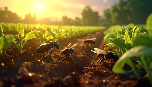 Macro view of small insects in farm field under sunset light