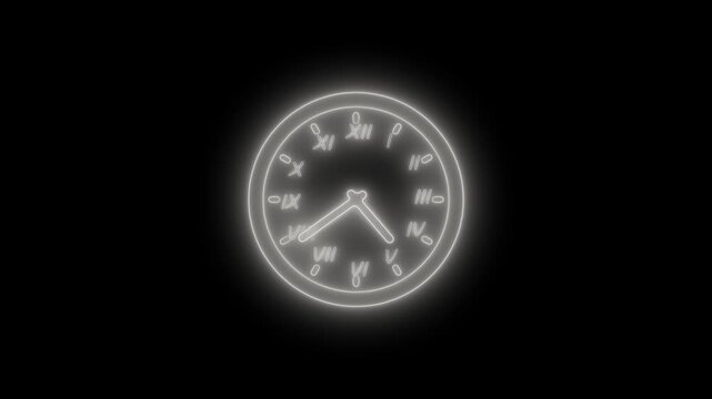 Glowing neon clock face with roman numerals minimalistic futuristic look animation